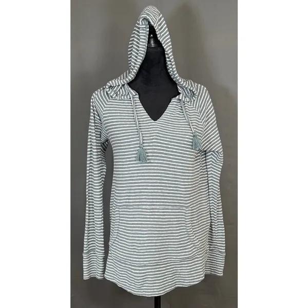 Roxy Women’s Gray & White Stripe Hoodie Pullover Medium V-Neck Kangaroo Pocket - Image 2