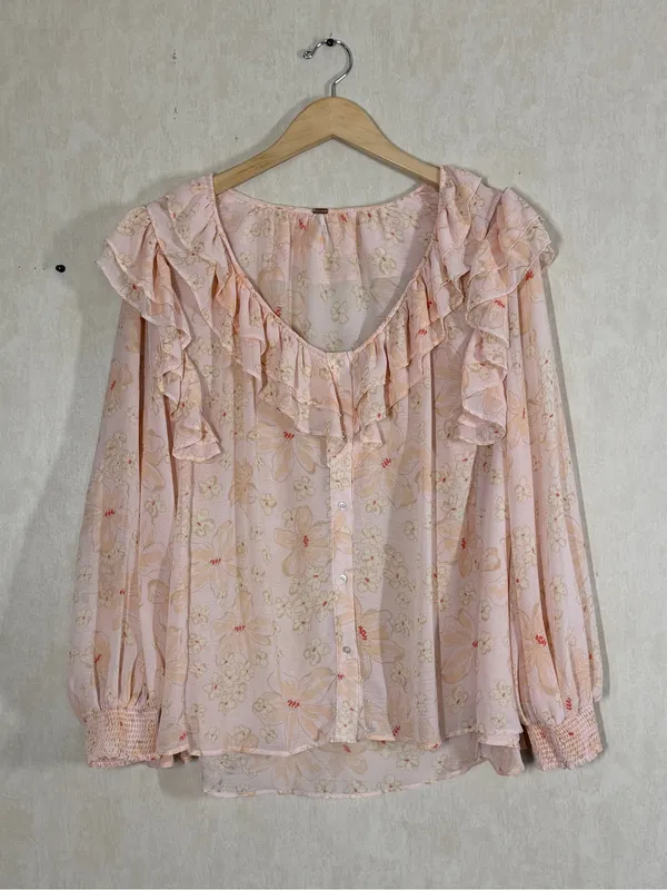 Free People Women’s Cherry Bright Blouse Top Ruffle Neck Sheer in Floral Peach M - Image 2