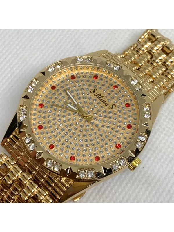 Bling men’s watch iced dial 37mm gold tone quartz red indices up to 8” running - Image 2