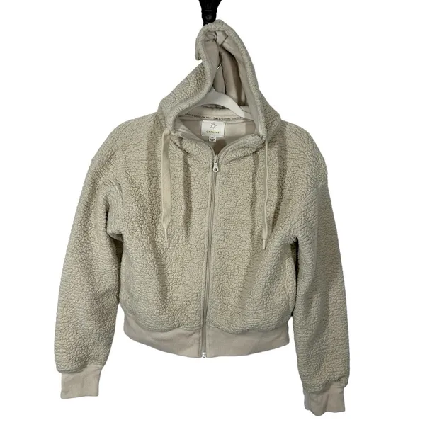 Aerie Offline Sherpa Teddy Jacket Oatmeal Cream Cropped Hoodie Small - Image 3