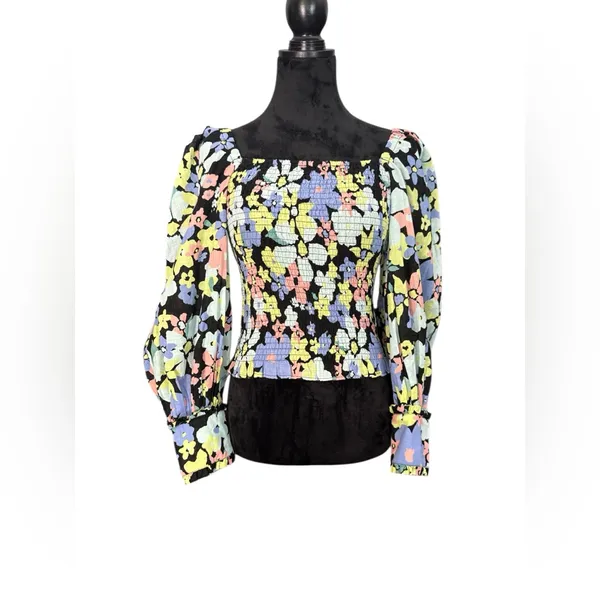 Free People Smocked Floral Puff Sleeve Top‎ XS – Square Neck Black Multicolor - Image 2
