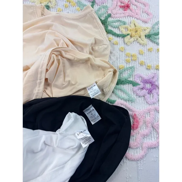 Shein 3 Piece Basic T Shirt Biker Shorts Set 3 piece S Beige Black White Blue‎ - Image 7