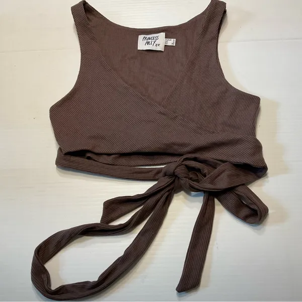 Princess Polly Jaye Top Brown Ribbed Wrap Crop Sz 0 - Image 2