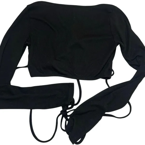 Ruched Bust Wrap Tie Long Sleeve Crop Top Black Medium Y2K Coquette Balletcore - Image 3