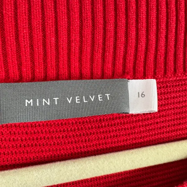 Mint Velvet Red Ribbed Boat Neck Sweater‎ Pullover White Stripe Cuffs Size US 12 - Image 5