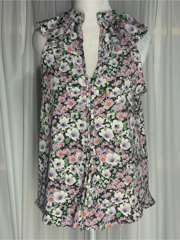 Anthropologie Black Multi Floral Ruffle-Sleeve Camisole Size M - Image 2