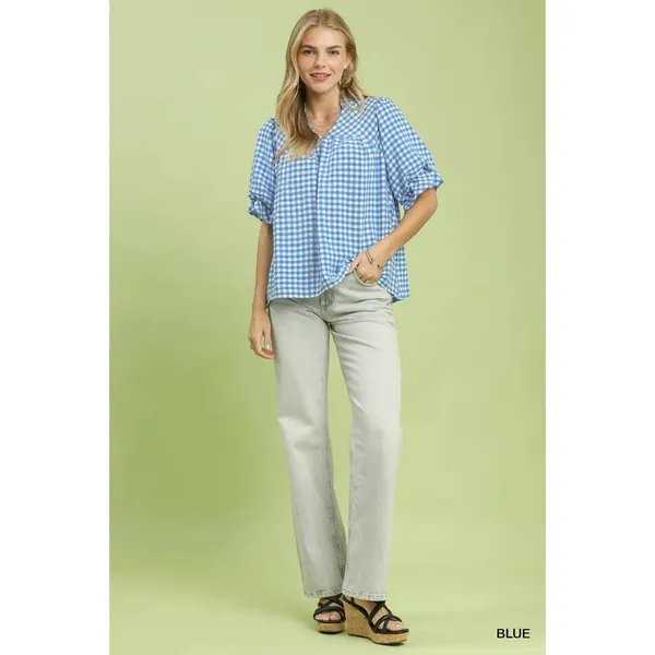 Umgee Gingham Check Blouse with Ruffle‎ Sleeves - Medium - Image 5