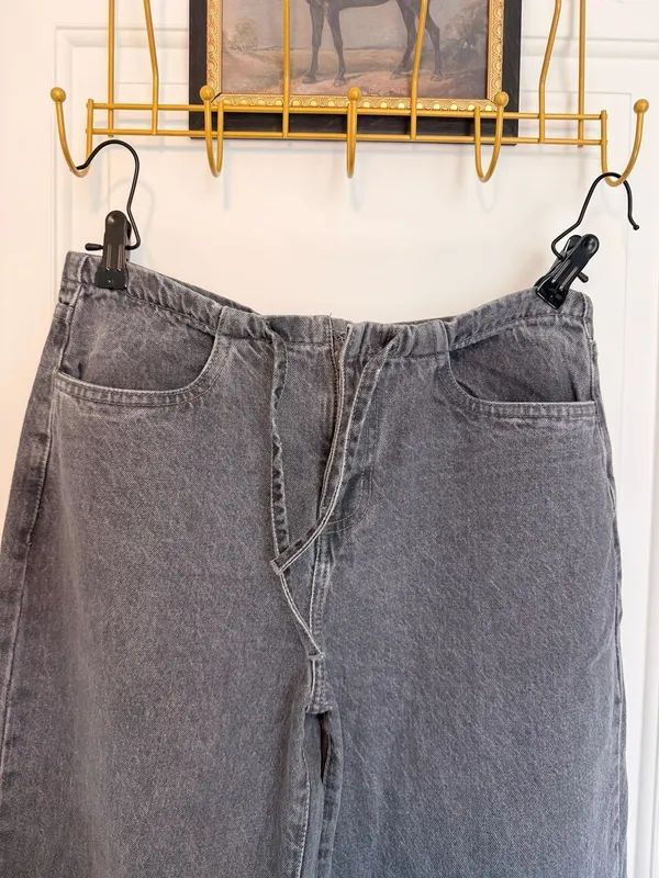 Women's Washed Grey Drawstring Waist Wide Leg Jeans - Image 4