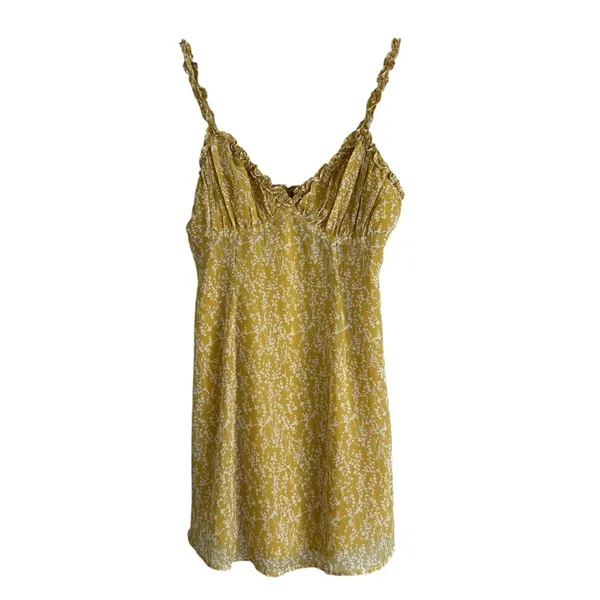 Here Comes The Sun Milkmaid Mini Dress Yellow Floral Ruffle Strap Brunch Size L - Image 2