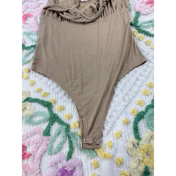 Rio of Stars Women Taupe Brown Ruched Bust Spaghetti‎ Strap Bodysuit T0506 S - Image 4