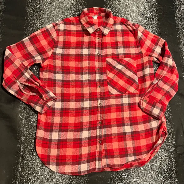 Womens XS Aerie Oversized Button Down Red Plaid Flannel Shirt - Image 2