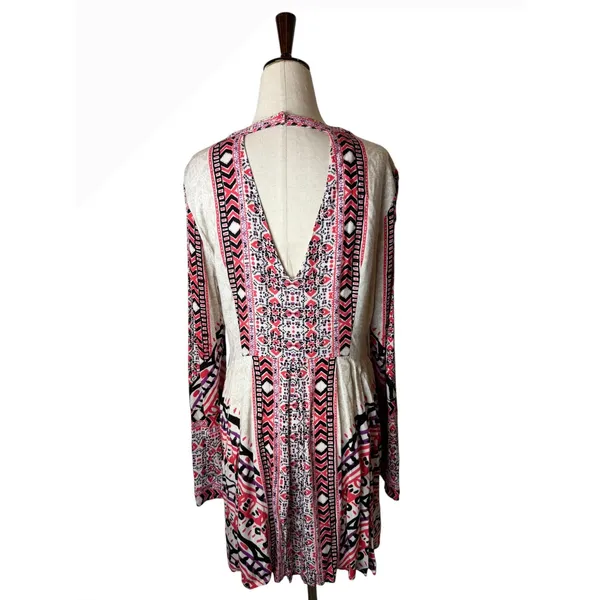 Free People Teagan Cut Out Mini Dress Women 6‎ Pink Geometric Boho Bell Sleeve - Image 3