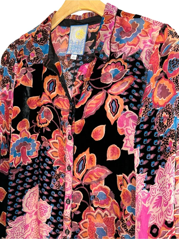 Johnny Was Size M Yrene Alvarado Burnout Velvet Floral Long Sleeve Shirt Blouse - Image 7