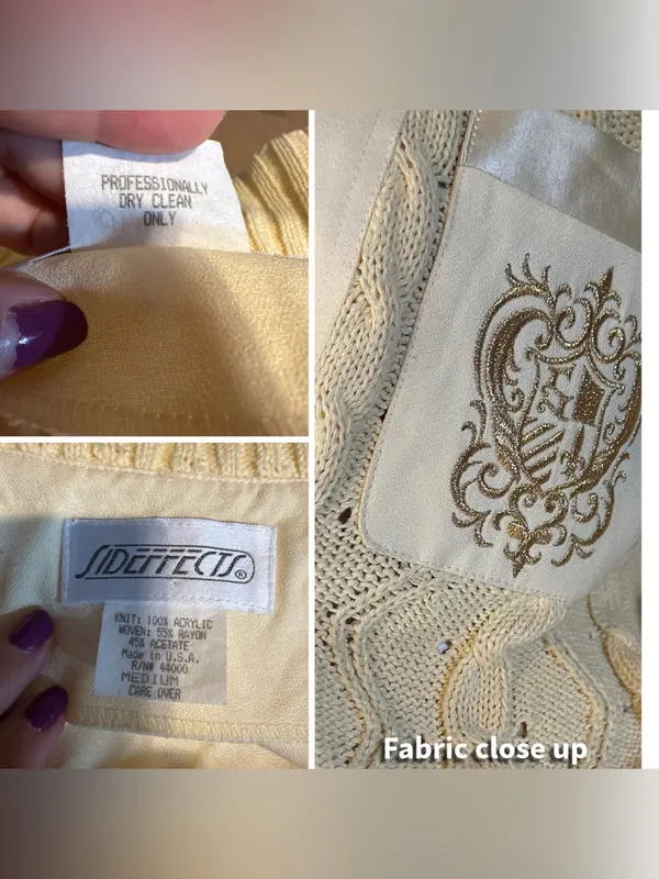 Side Effects Vintage 1990'S Yellow Cream Embroidered V Neck Pullover Sweater (M) - Image 12