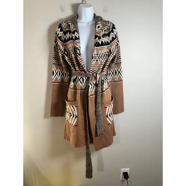 Rachel Zoe Womens Aztec Hooded Belted Cardigan‎ Sweater Brown Geometric Small - Image 2