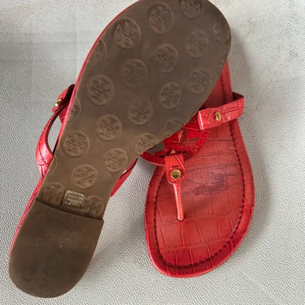 Tory Burch Red Embossed Leather Sandals - Image 4
