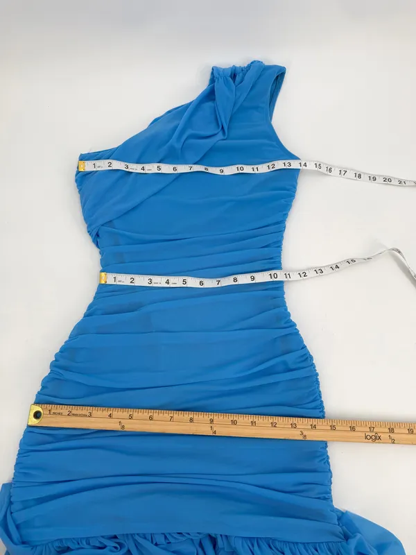 Formal Bodycon Dress Women’s S Blue Ruched Mesh One Shoulder Maxi-LAGSHIAN Brand - Image 9