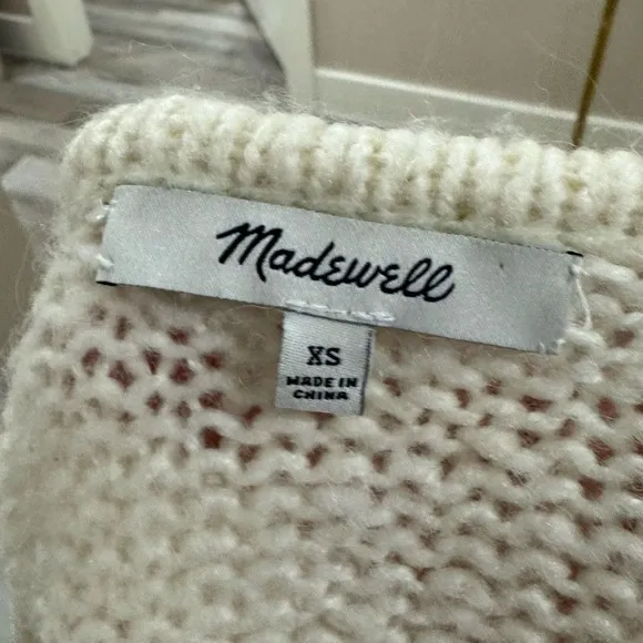 Madewell‎ Womens Cream Chunky Knit V-Neck Pullover Sweater XS Ivory Relaxed Fit - Image 4