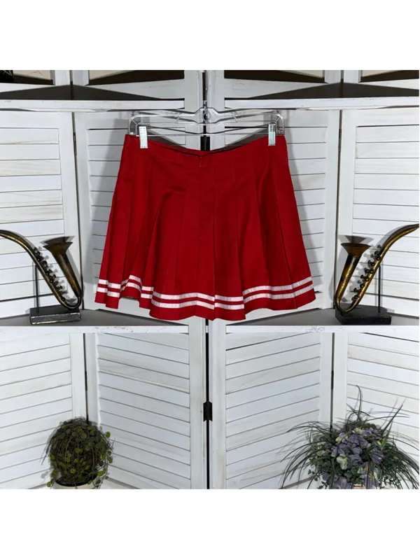 Y2K pleated cheerleader mini skirt red & white cotton school girl cosplay preppy - Image 2