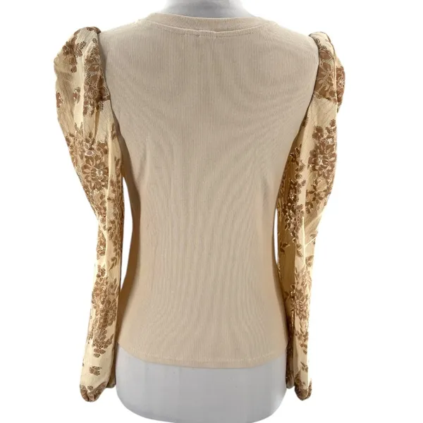 Anthropologie Dolan Lace Puff-Sleeve Top Sz S tan‎ - Image 5