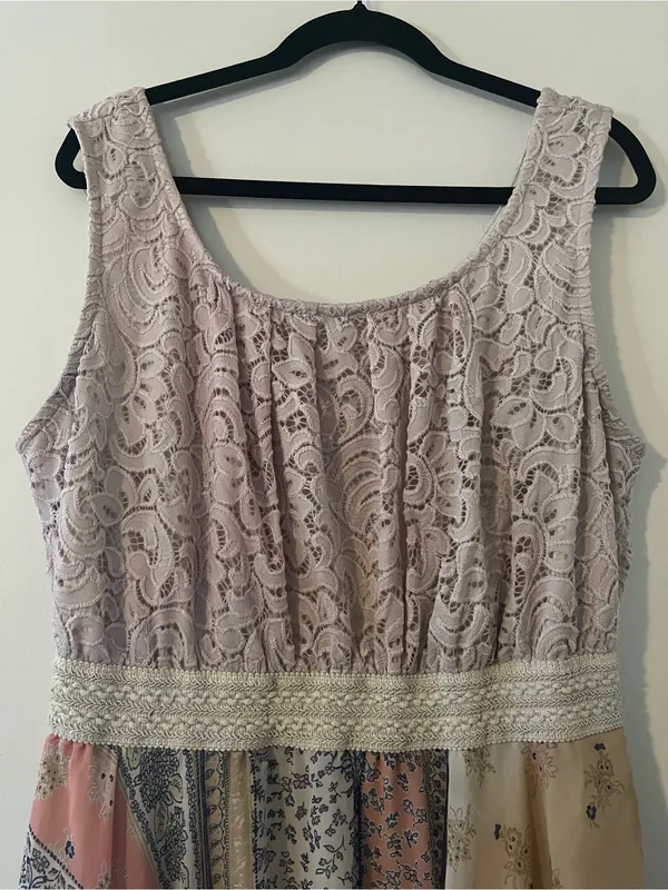 Pink Floral Patchwork Lace Midi Dress 3XL Handkerchief Hem Cottagecore Prairie - Image 2