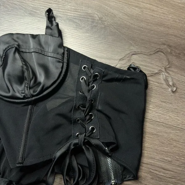 Windsor Black Mesh Satin Corset Crop Womens Top Adjustable medium - Image 8
