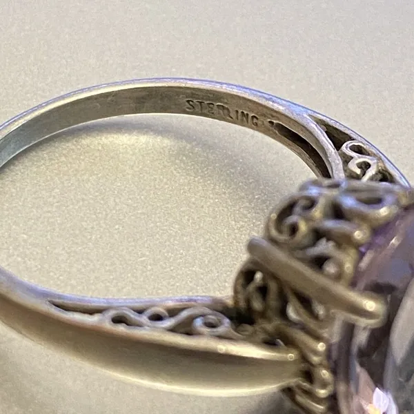 Vintage KABANA Sterling Silver Oval Amethyst Ring Size 9 Ornate - Image 3