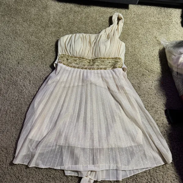Speechless One Shoulder Gold Beaded Cream Pleated Cocktail Dress‎ Women Small - Image 2
