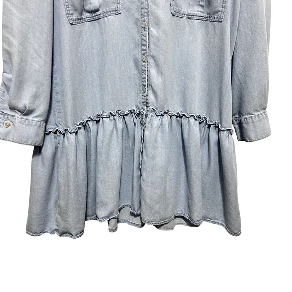 Zara Women Cottagecore Boho Tunic Dress M Chambray Denim Ruffle Hem Drop Waist - Image 4