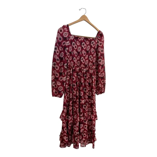 Teens Burgundy Floral Print Square Neck Long Sleeve‎ Tiered Ruffle Midi Dress 16 - Image 5