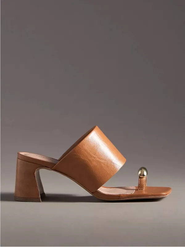 NWOB Anthropologie Tan Leather Block Heel Toe-Ring Slides with Gold Accents - Image 10