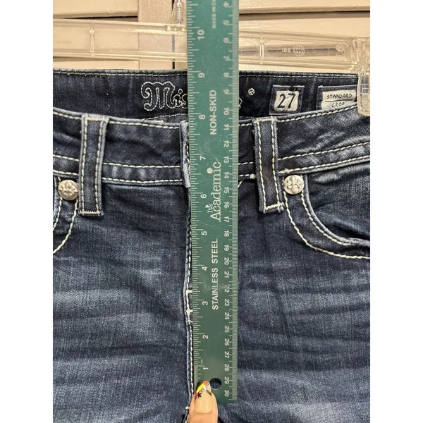 Miss Me Crop Denim Jeans Sequins/Embroidered/Gems Logo‎ Size 27 Western/Boho - Image 2