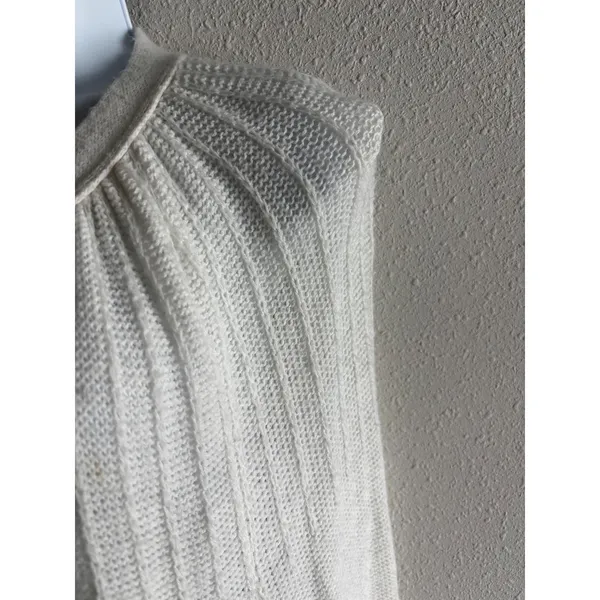 Azure Cardigan Sweater L Cream Vintage Tie Neck Ribbed Knit Open Front USA Made - Image 7