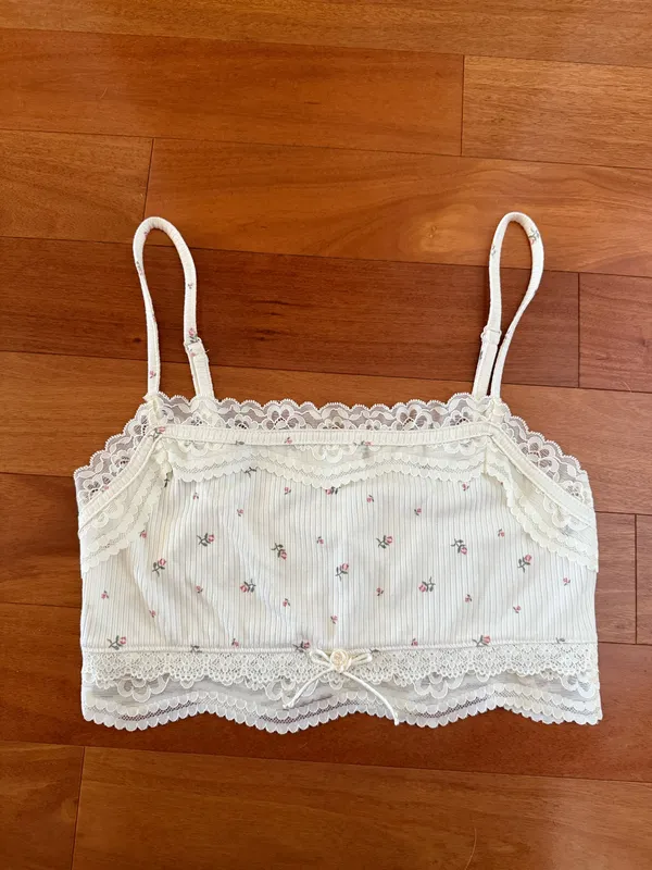 Coquette Dainty Cream Lace Trim Mini Floral Rosette Bow Cami Tank - Image 2