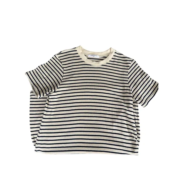 PerfectWhiteTee Striped Cotton T-Shirt Dress Small Cream Navy Short Sleeve USA - Image 7