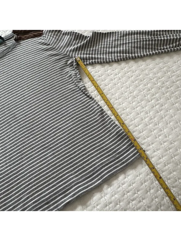 Lauren Ralph Lauren Large L Gray White Striped Long Sleeve T Shirt Brown Patches - Image 6