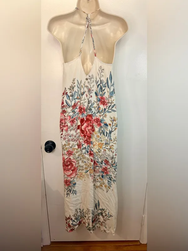 Billabong XS San Sebonne Floral Halter Maxi Dress Ivory Pink Crinkle Open Back - Image 9