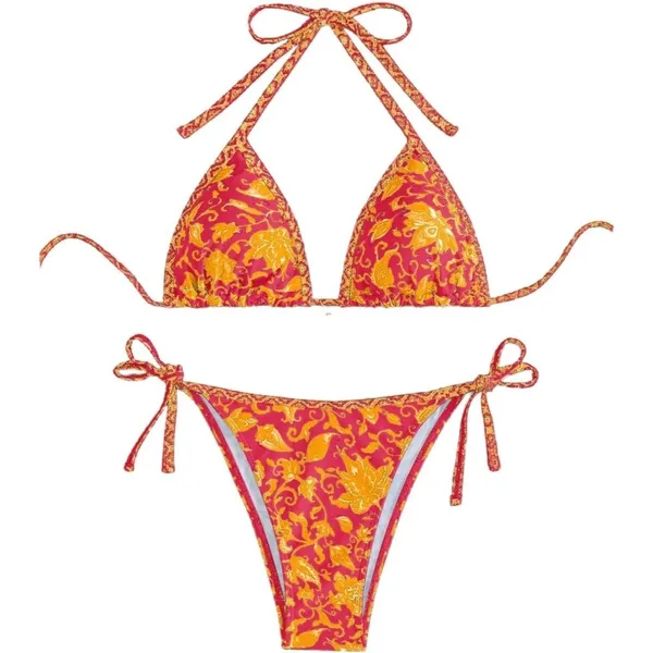 WDIRARA Two Piece Boho Swimsuit Floral Halter Triangle Bikini Bathing Suit XS - Image 4