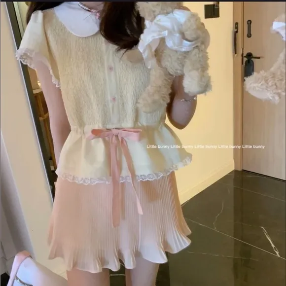 Pastel Yellow Japanese Kawaii Ballet Cottage Pink Ribbon Button Down Shirt Top - Image 2
