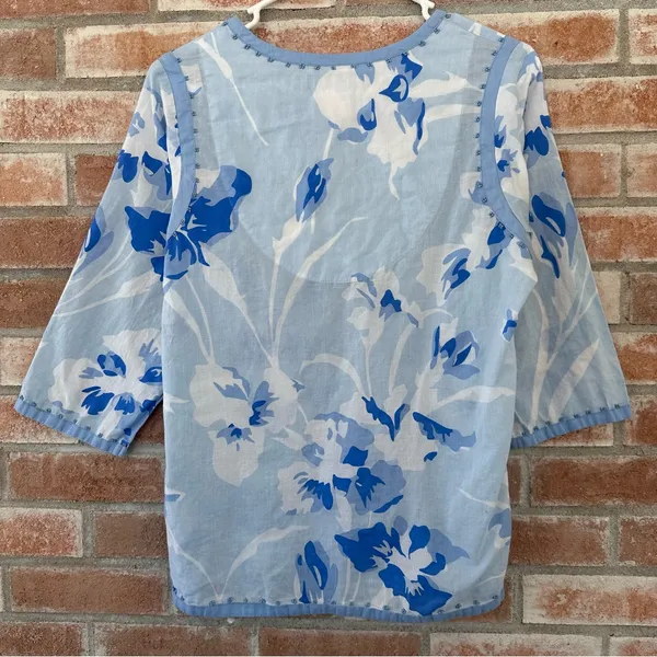 Gretchen Scott Cotton Tunic Shirt Women’s Medium Blue Beaded Floral Embellished - Image 8