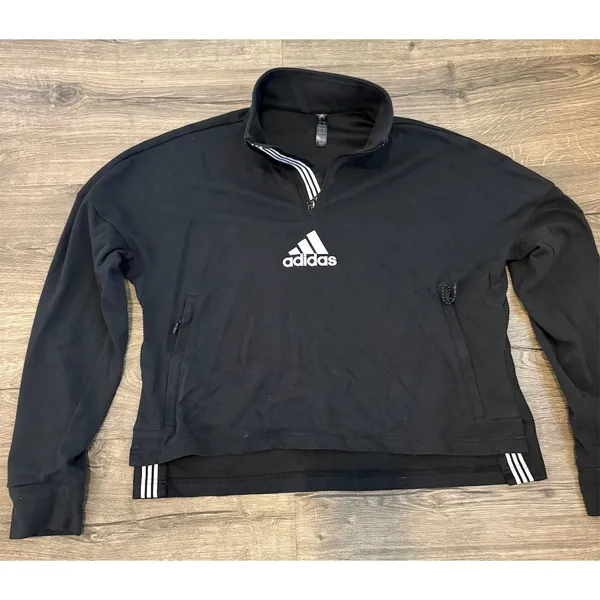 Adidas Women's Black 3-Stripes Cropped Quarter-Zip Sweatshirt Size Large‎ - Image 2