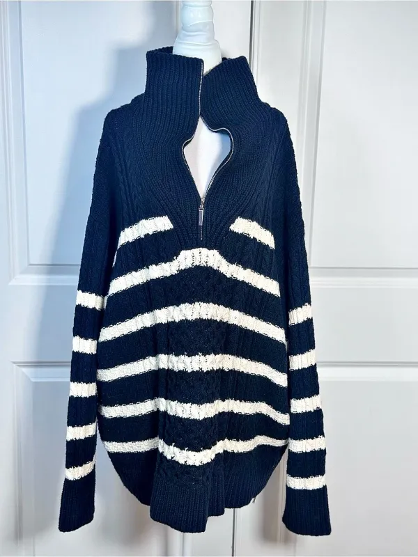 La Ligne x Target Sweater 4X Navy White Cable Knit Quarter Zip Plus Size Coastal - Image 3