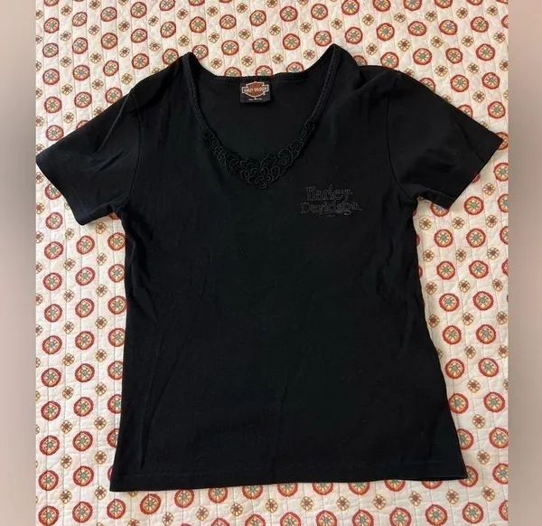 Vintage Y2K 2000 Harley Davidson Lace V Neck Black Short Sleeve Size Medium - Image 7