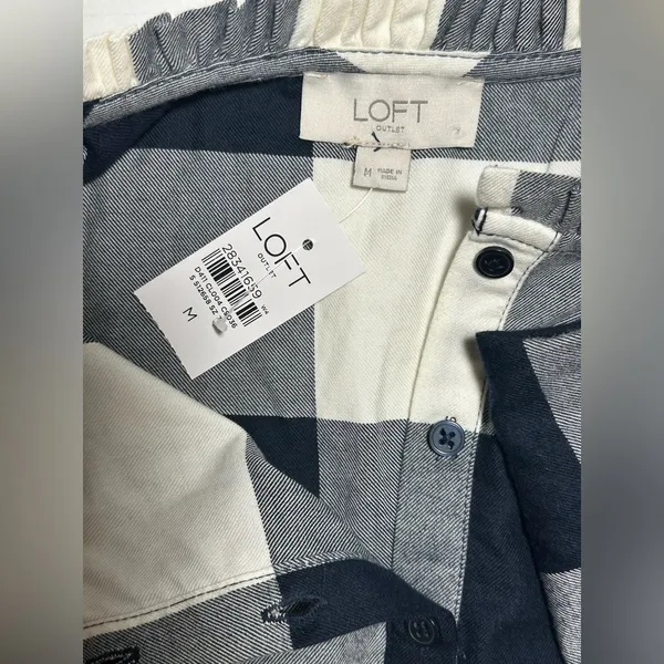 LOFT‎ Buffalo Check Plaid Pullover Shirt Blue White Flannel 1/4 Button Up New M - Image 7