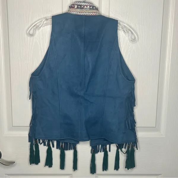 V Christina Faux Suede Fringe Blue Vest Size S Festival Ready Boho - Image 9