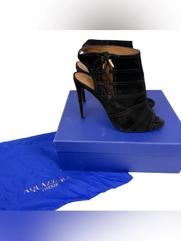 Aquazzura Oui Baby 105 Black Suede Lace Up Peep Toe Stiletto Bootie Size 39/US 9 - Image 15