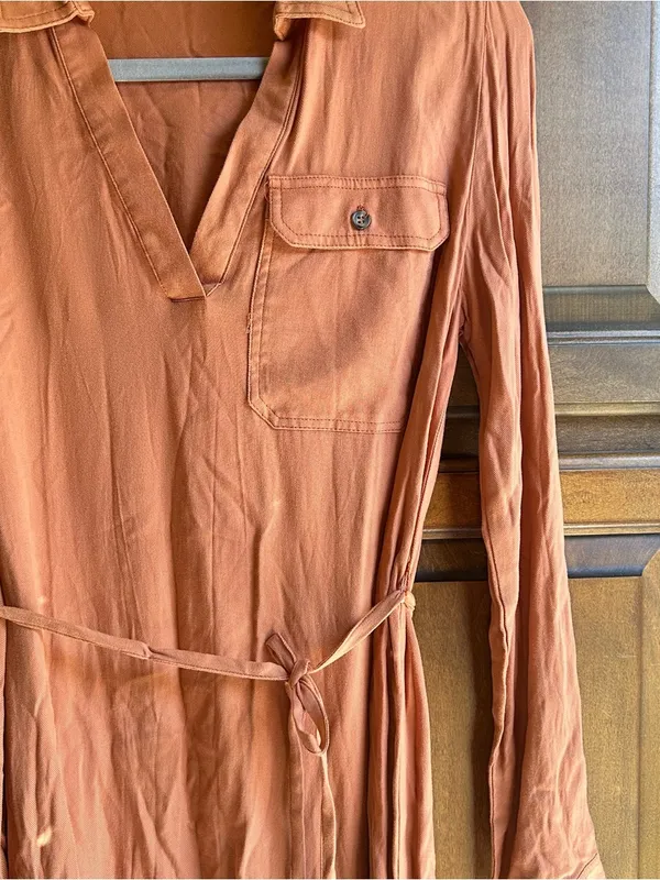 🌸No Comment long-sleeve peach V-neck shirt dress Size small - Image 4