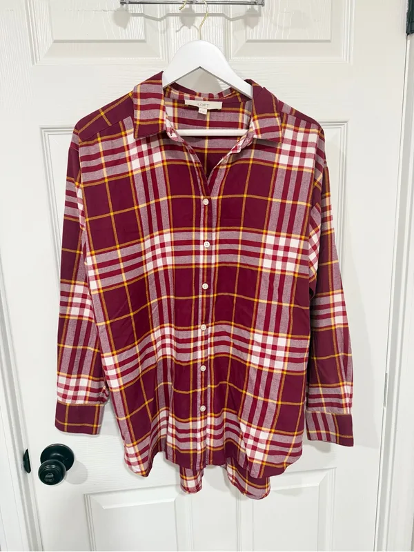 LOFT Burgundy Plaid Button Down Shirt M Cotton Fall Preppy Academia - Image 2