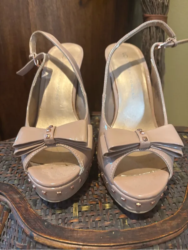 LC Lauren Conrad Blush Patent Peep-Toe Slingback Heels with Bow - Image 3