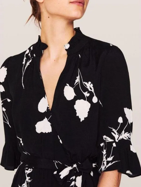 BA&SH Penny Floral Belted Romper Black and White Size 6 - Image 3